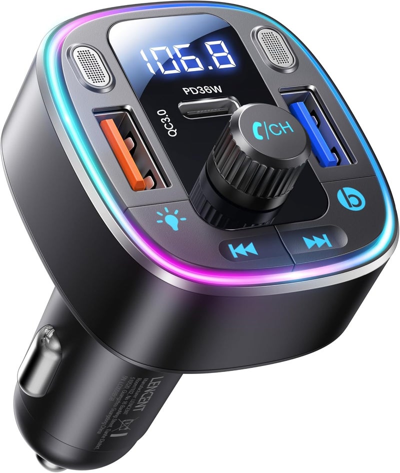 Lencent Bluetooth 5.4 Car Adapter FM Transmitter 54W Fast Charging, Dual Mics, HiFi Bass Sound, 2 Modes LED Backlit, Cigarette Lighter Adapter Hands-Free Calling Radio, Support USB Drive - Image 1
